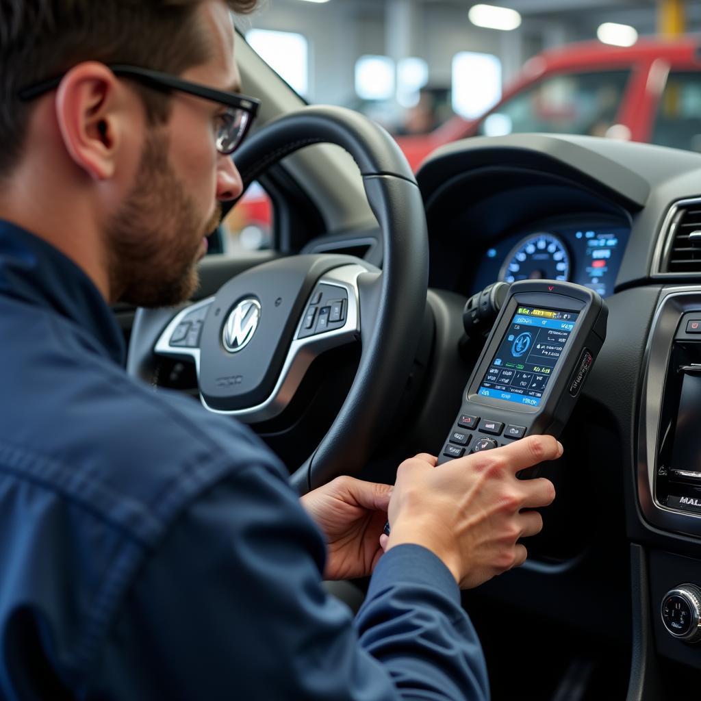 Mechanic Using a Launcher Scanner to Diagnose Car Problems