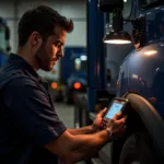 Mechanic Using Marshall Diagnostic Tool on a Truck