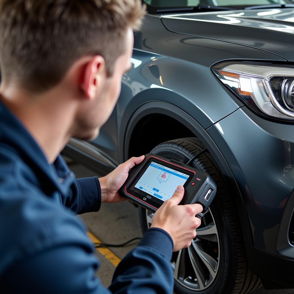 Mechanic Using MG Diagnostic Tool on a Vehicle