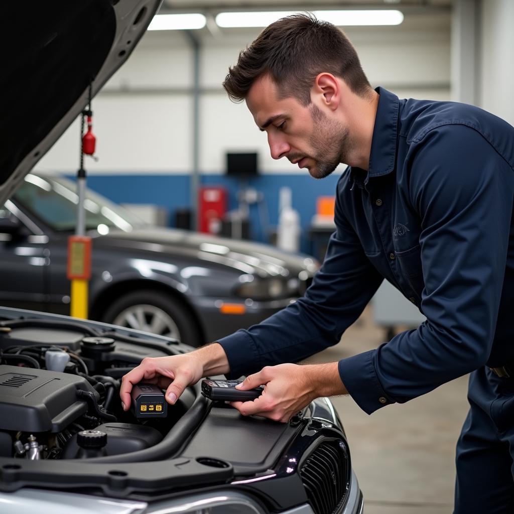 Mechanic Using Mini Bluetooth Scanner on Car