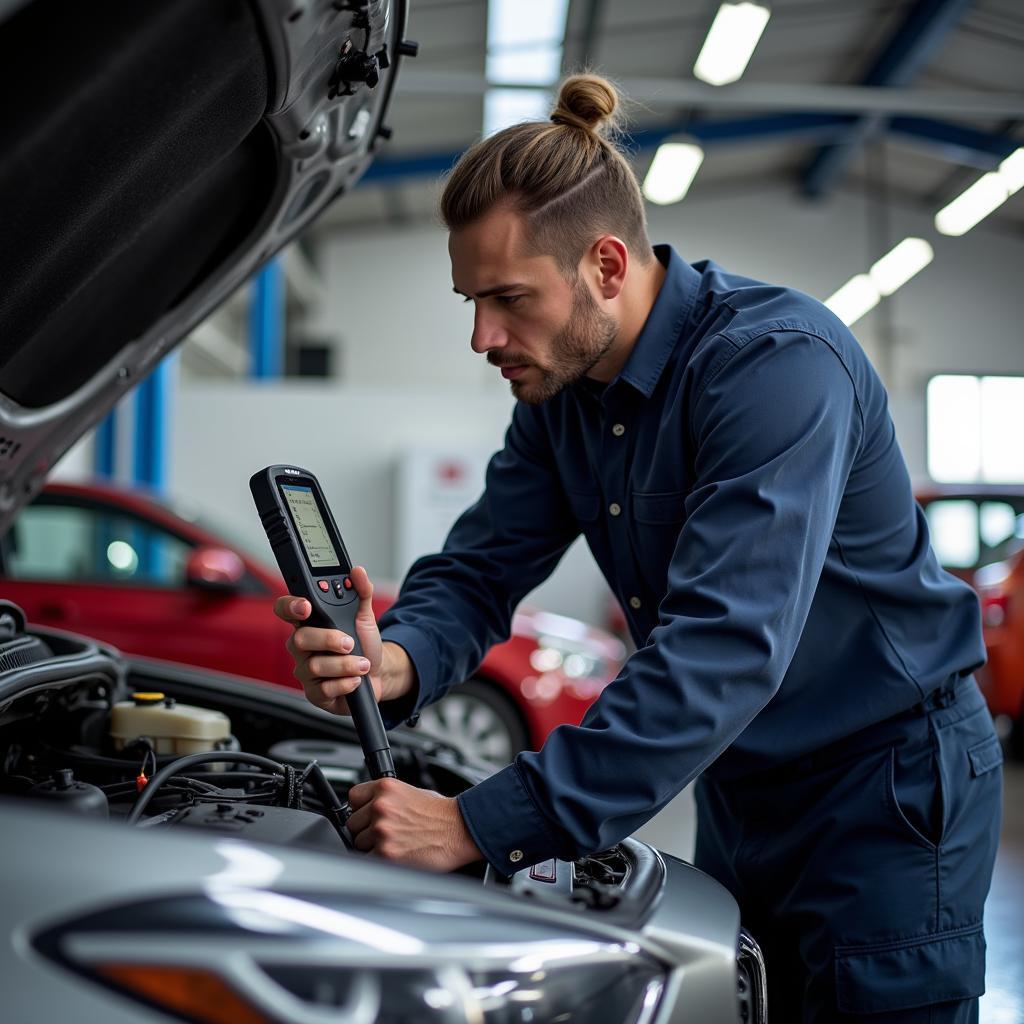 A mechanic using a Nonda car diagnostic tool to diagnose a car problem