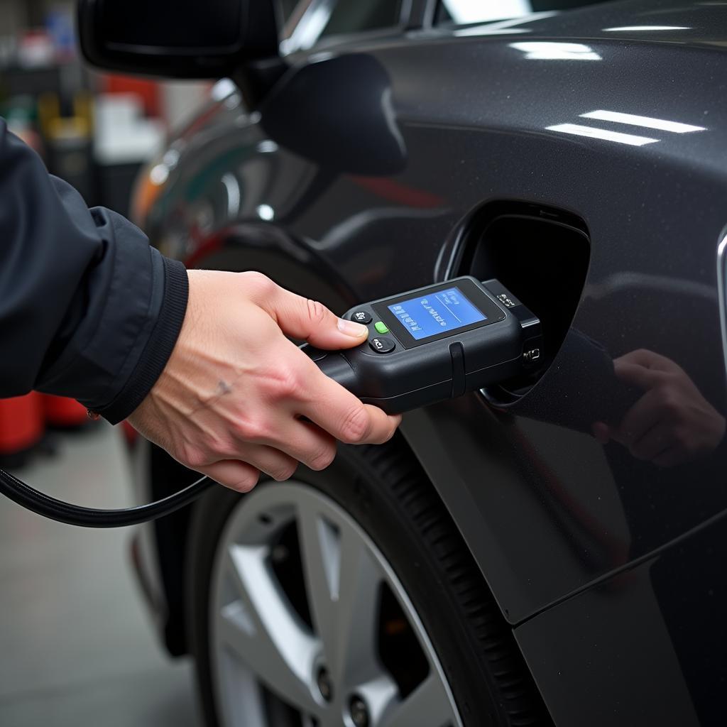 Mechanic Using an OBD-II Scanner to Diagnose Car Problem