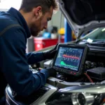 Mechanic using an OBD II car diagnostic tool in a garage