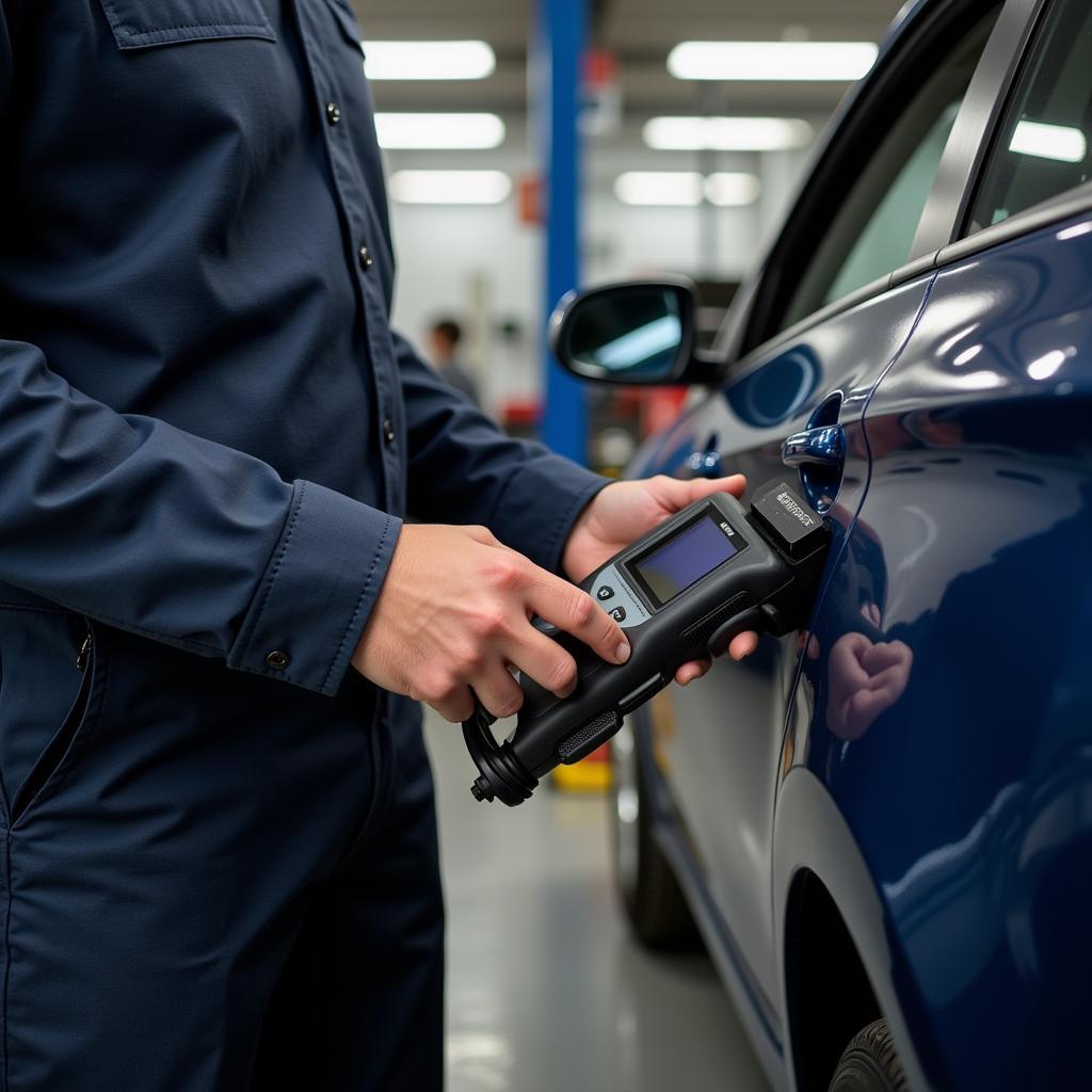 Mechanic Performing Car Diagnostics with an OBD-II Scanner