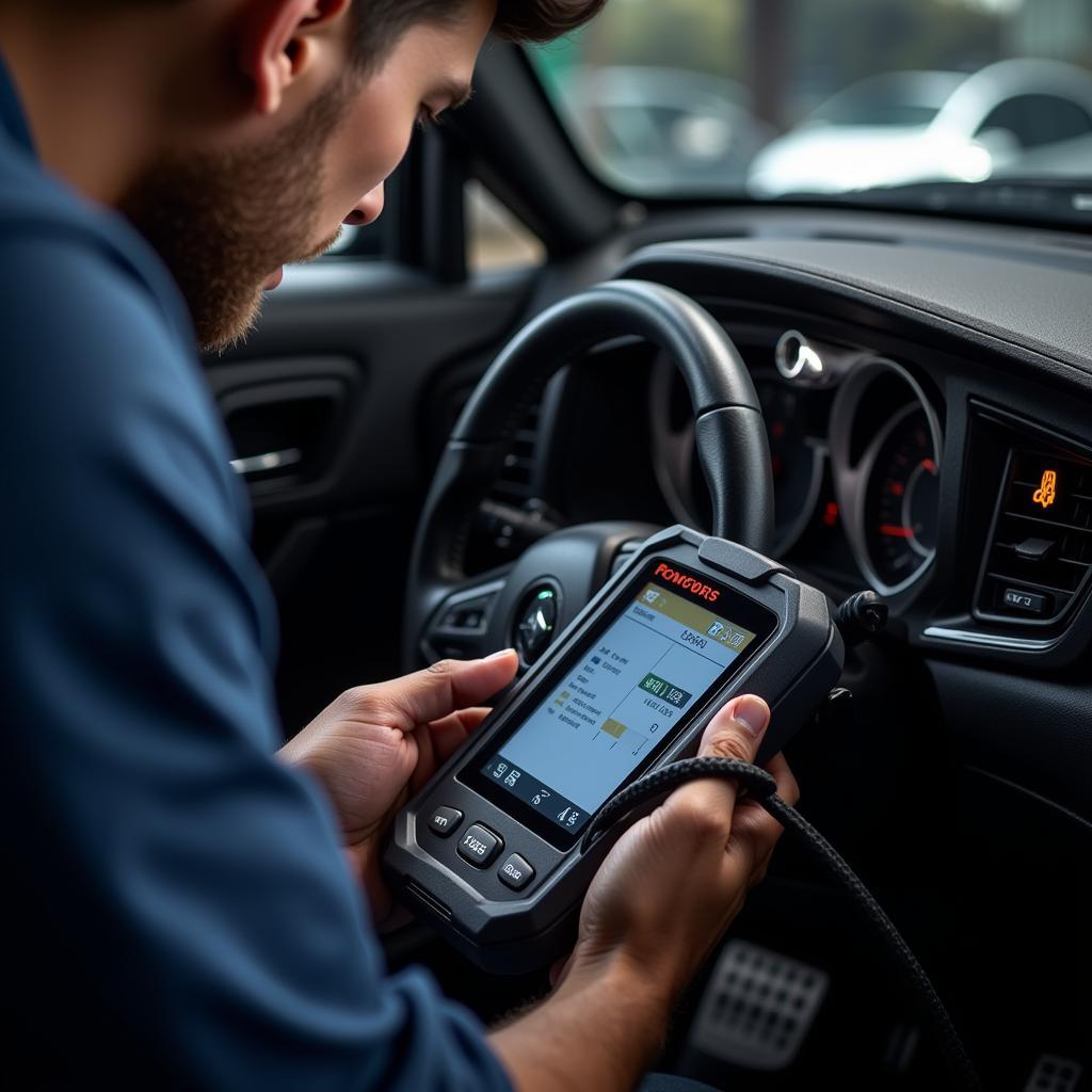 Mechanic Using OBD Scanner on a Car