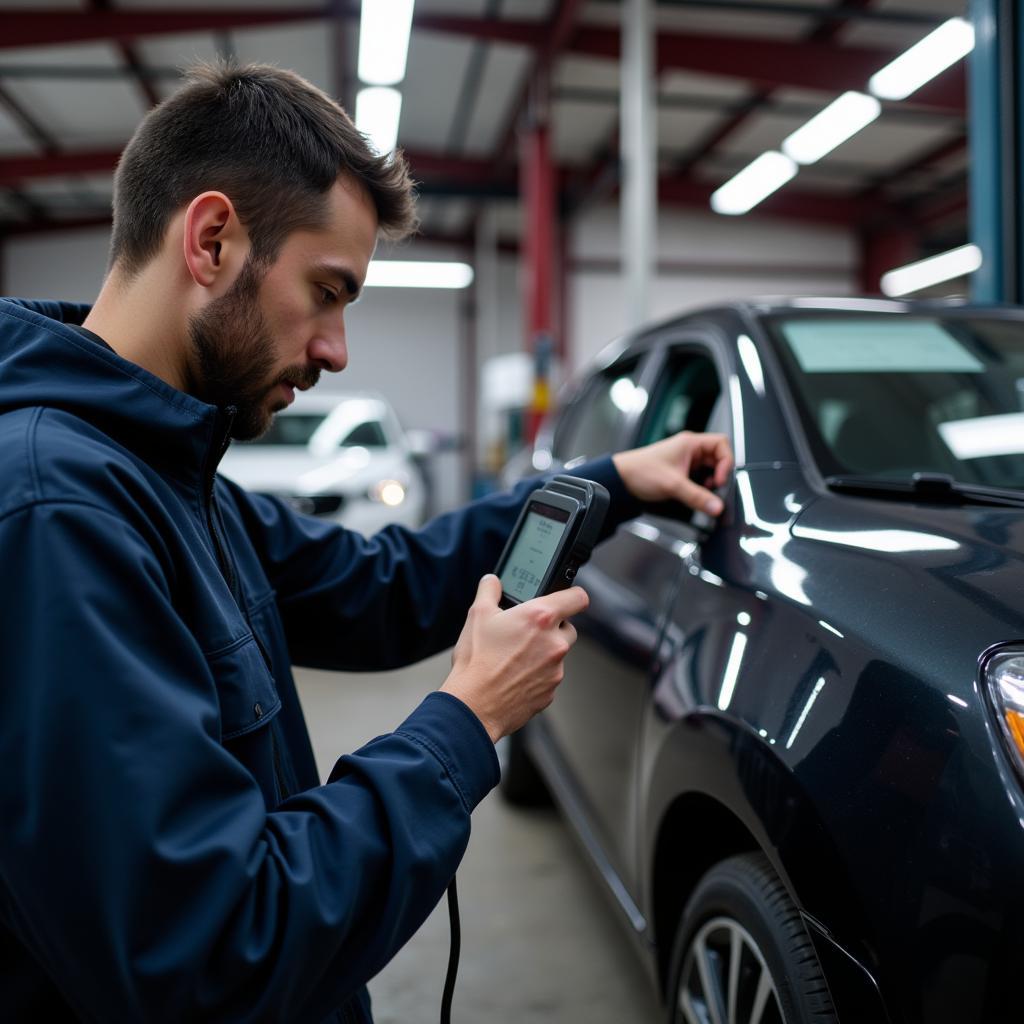 A Mechanic Using an OBD II Scanner to Diagnose a Car Problem