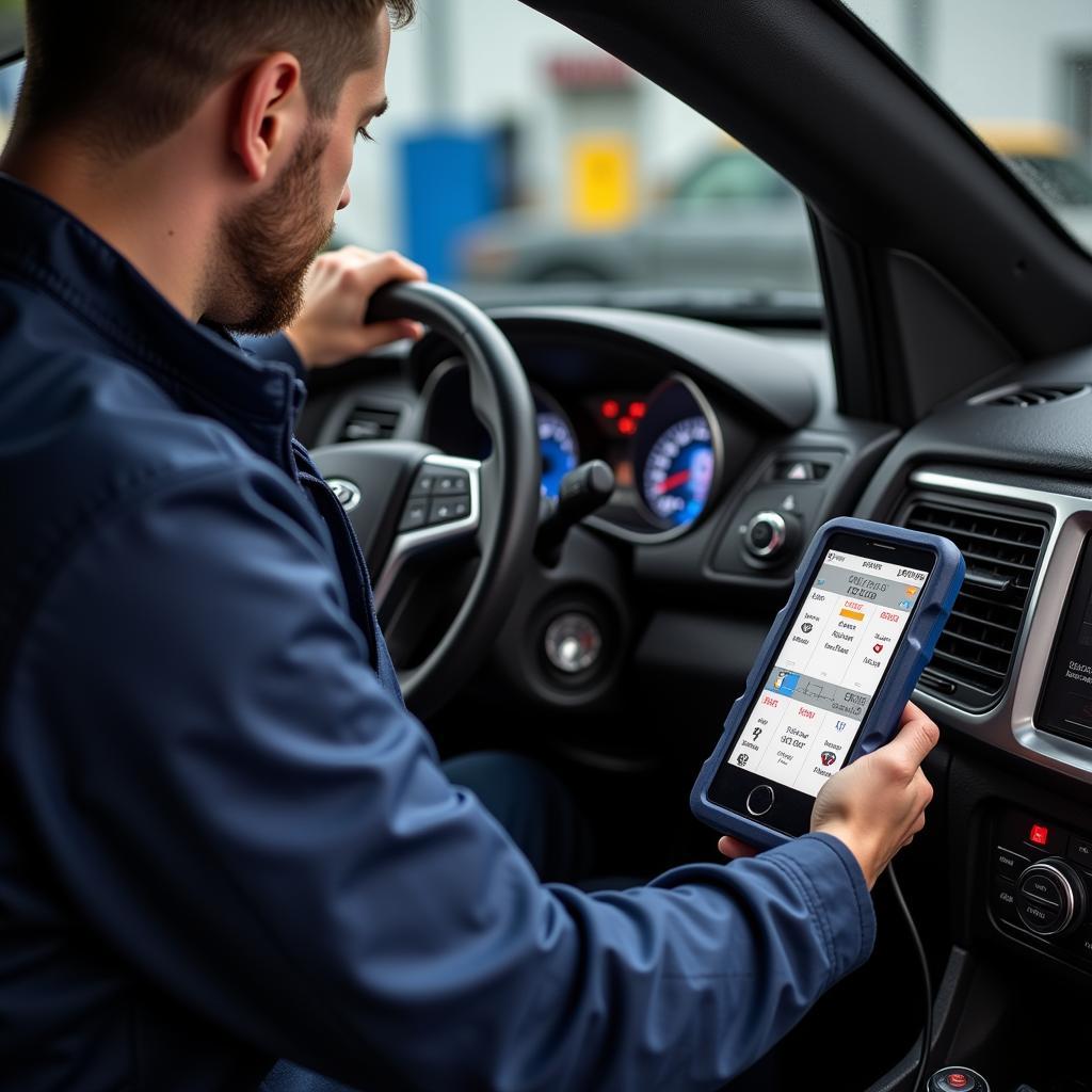 Mechanic Using OBD Scanner on a Car