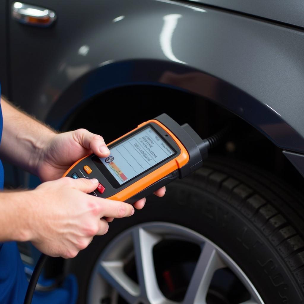 Mechanic Using OBD-II Scanner on a Vehicle