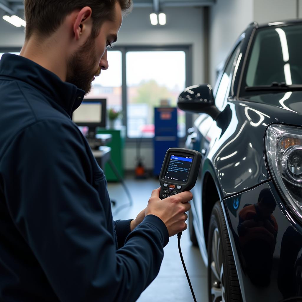 Mechanic Using OBD Scanner in Car Diagnostic Center