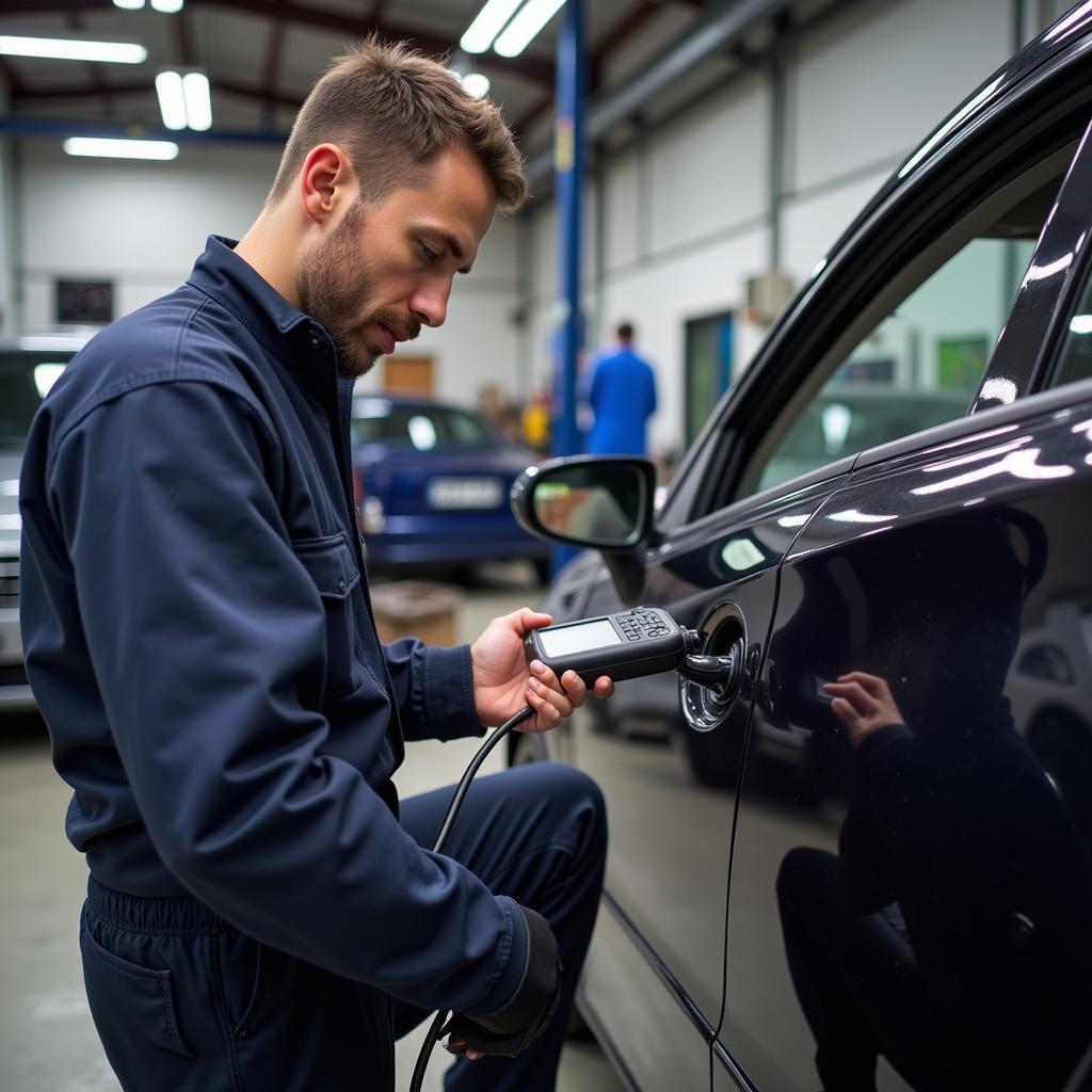 Mechanic Using OBD Scanner on a Japanese Car