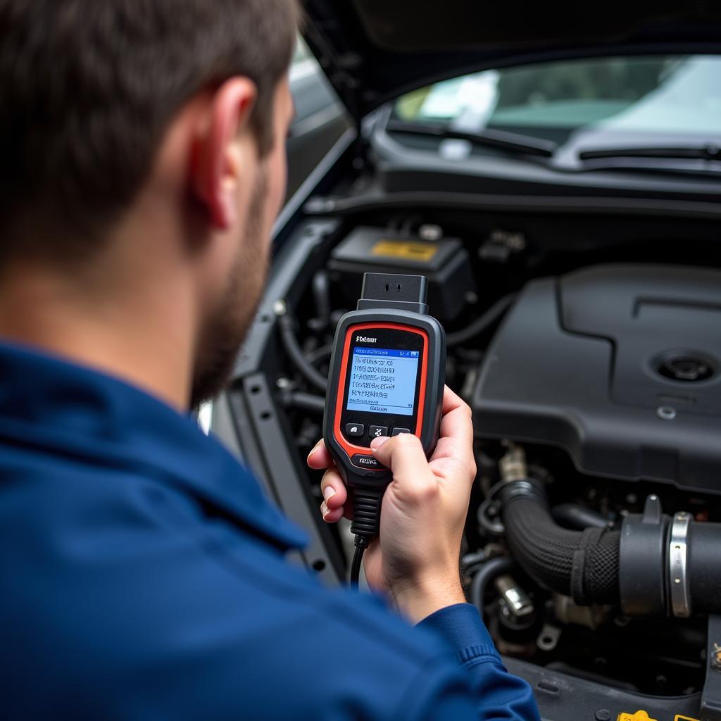 Mechanic Using OBD-II Scanner on Car