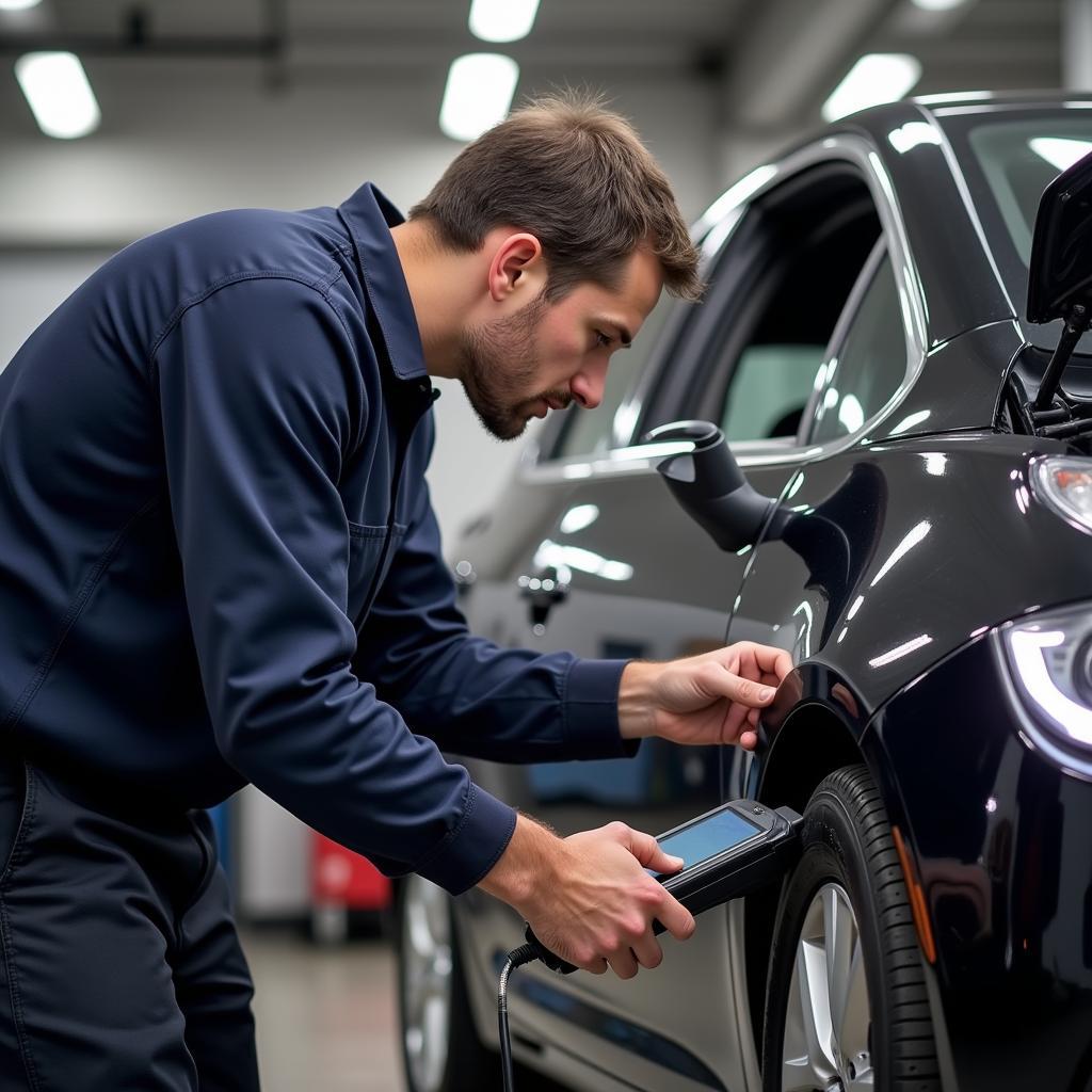 Mechanic in Twickenham using an OBD-II scanner on a car