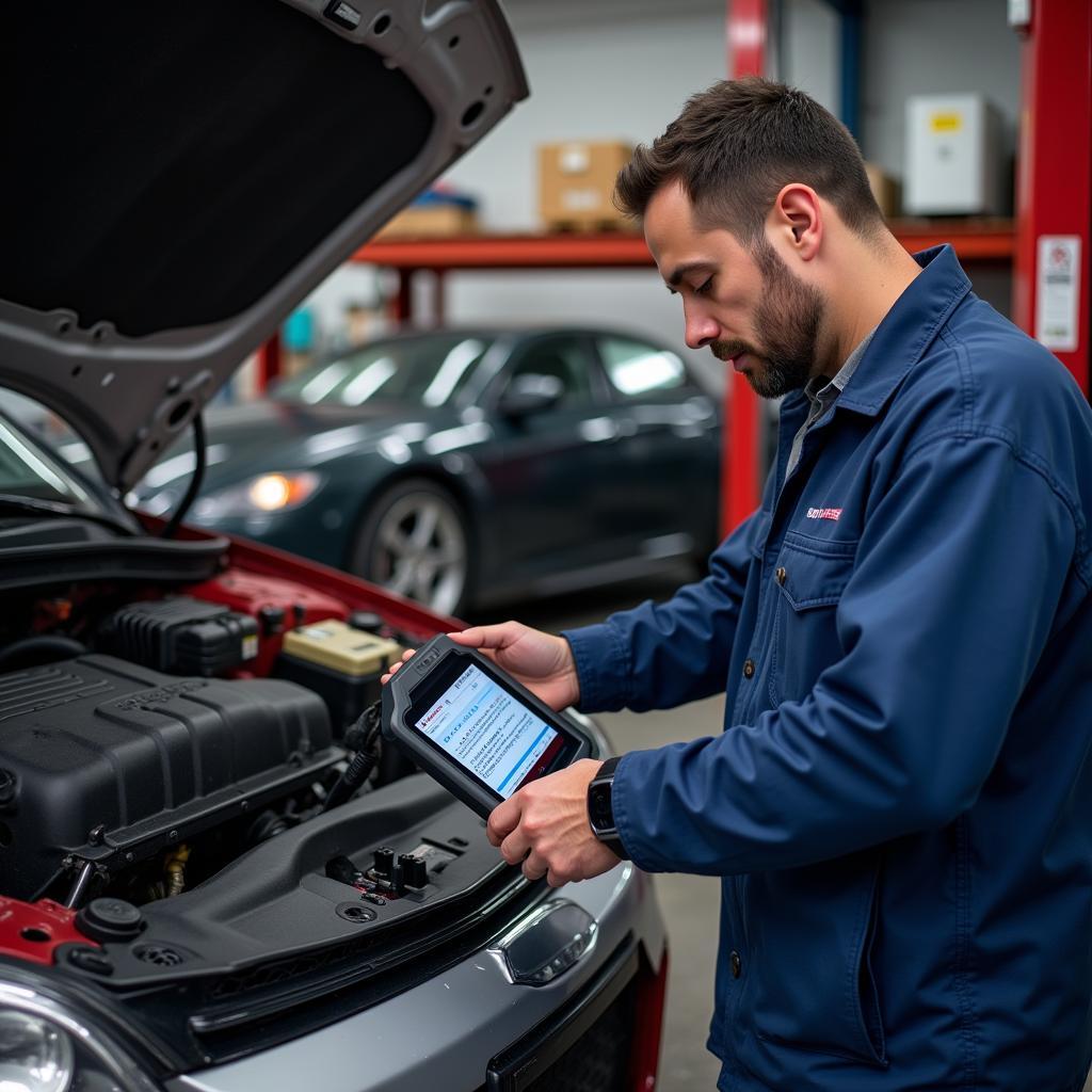 Mechanic Using OBD2 Car Diagnostic Tool