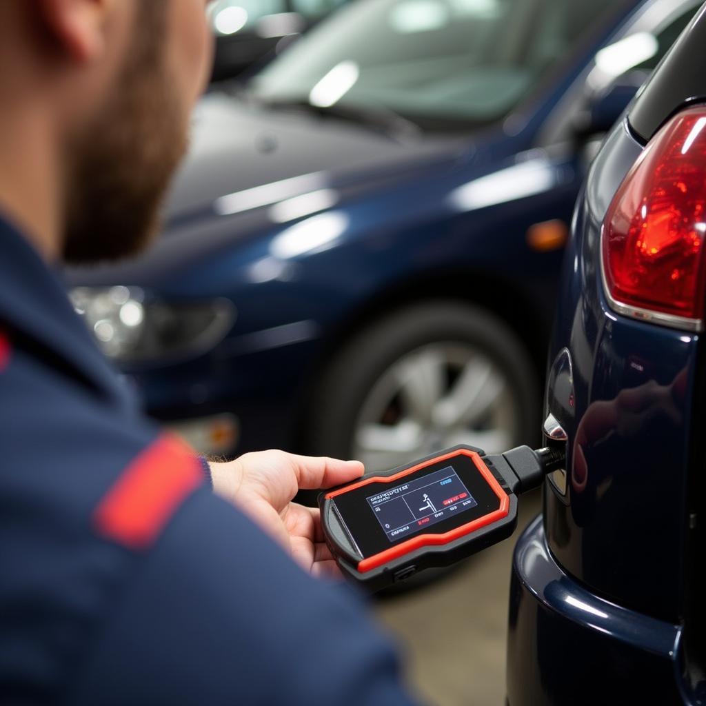 Mechanic Using OBD2 Scanner on a Vehicle