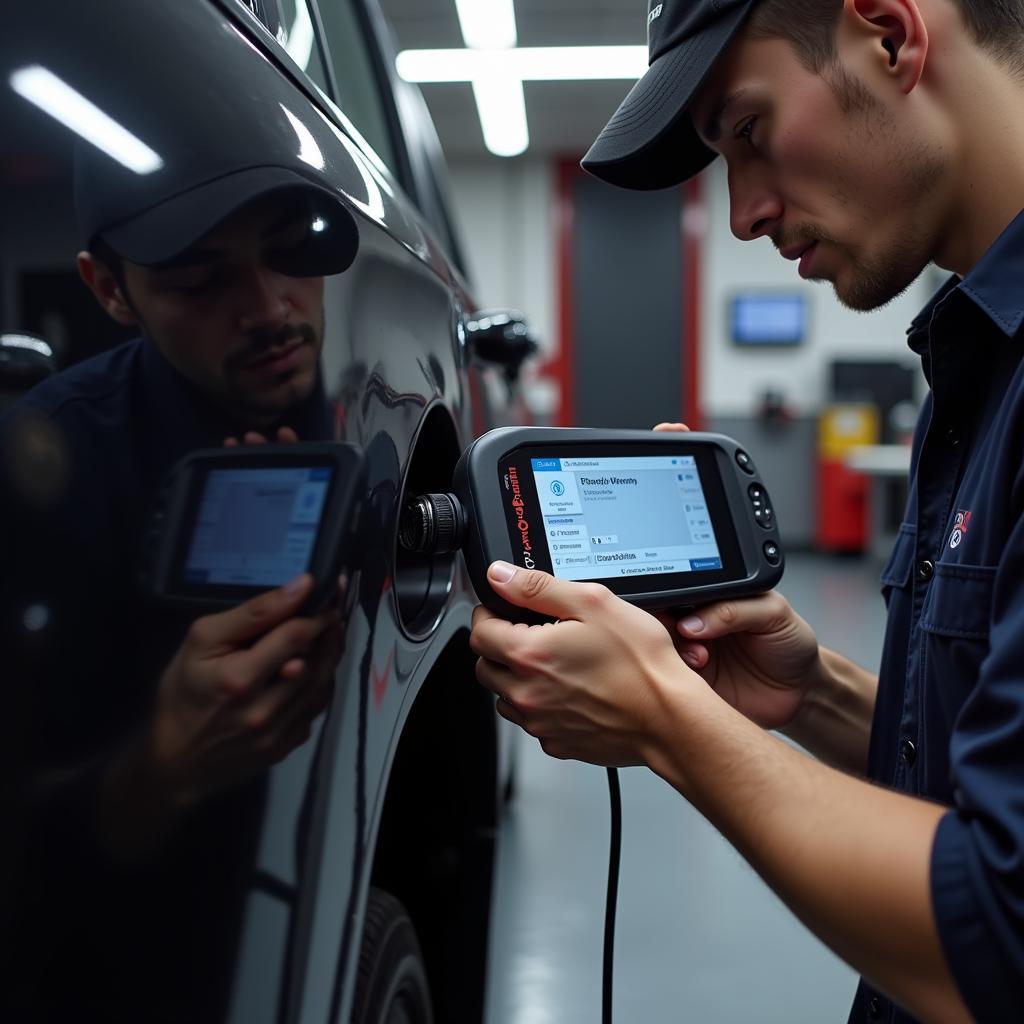 Mechanic using an OBD2 scanner on a car