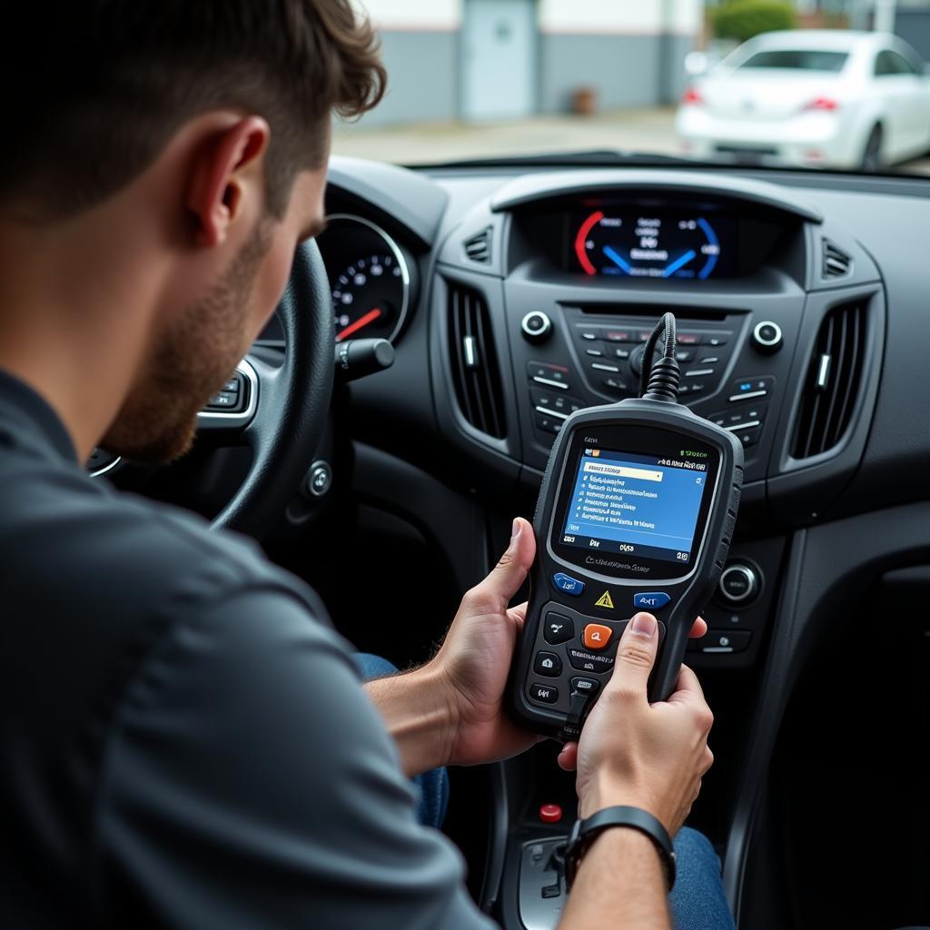 Mechanic Using OBD2 Scanner on a Vehicle