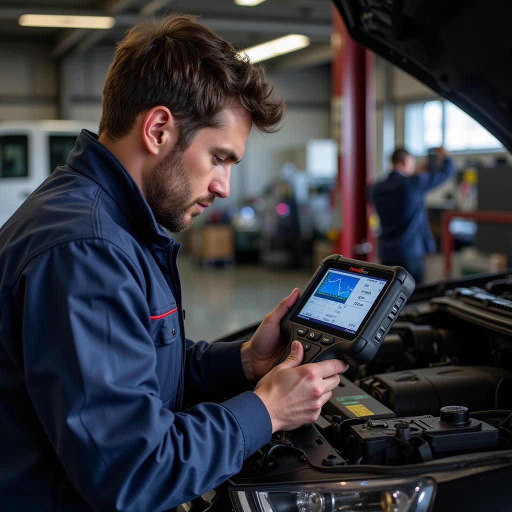 Professional Mechanic Using OBD2 Scanner