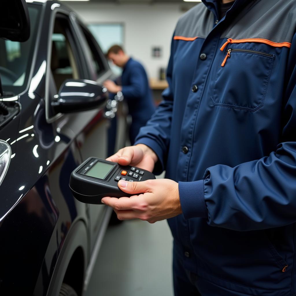 Mechanic Diagnosing Car with OBD2 Scanner