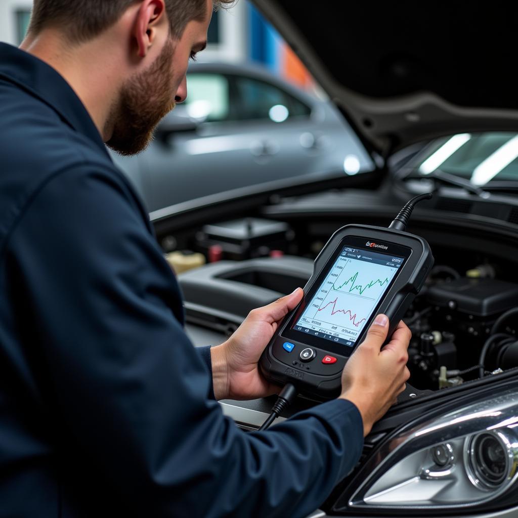 Mechanic Using OBD2 Scanner for Car Diagnostics