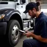 Mechanic Using OBD-II Scanner on a Truck