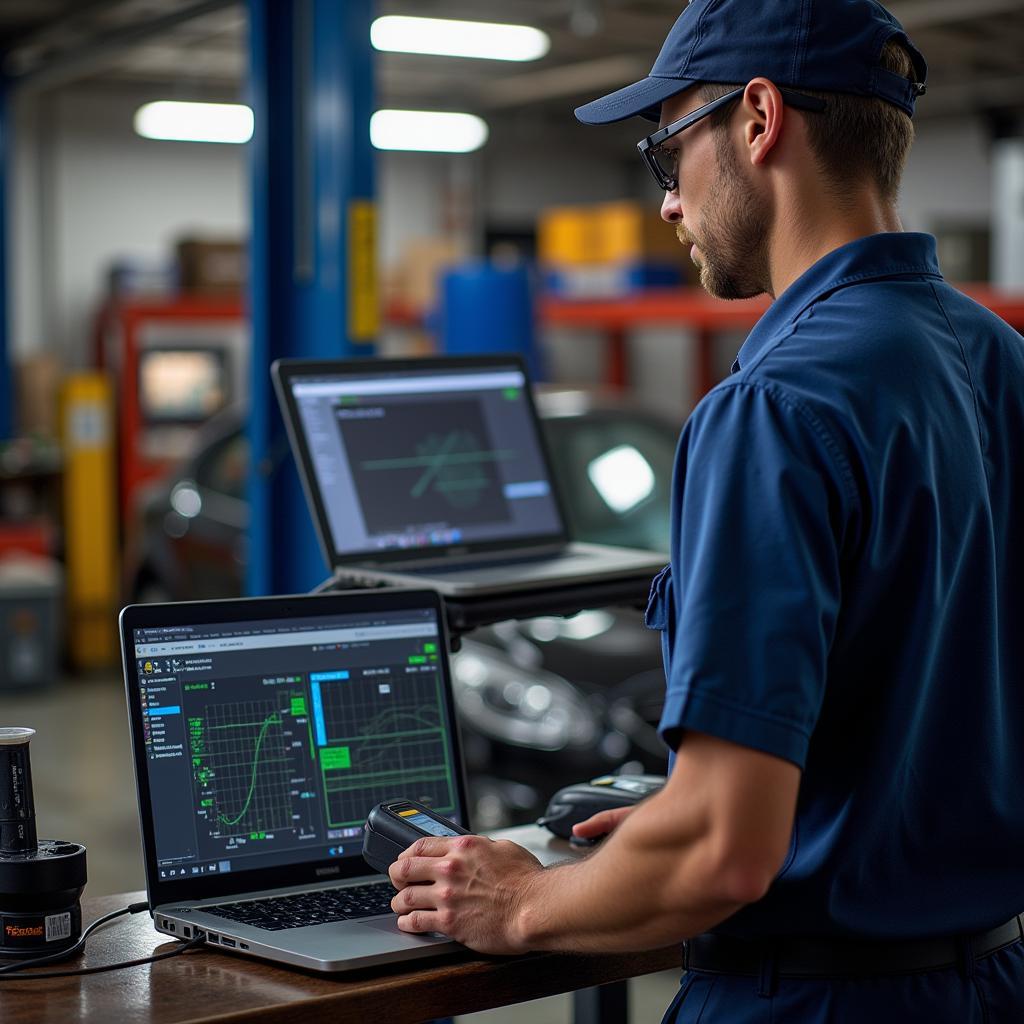 Mechanic Using OBD2 Scanner and Software in Garage