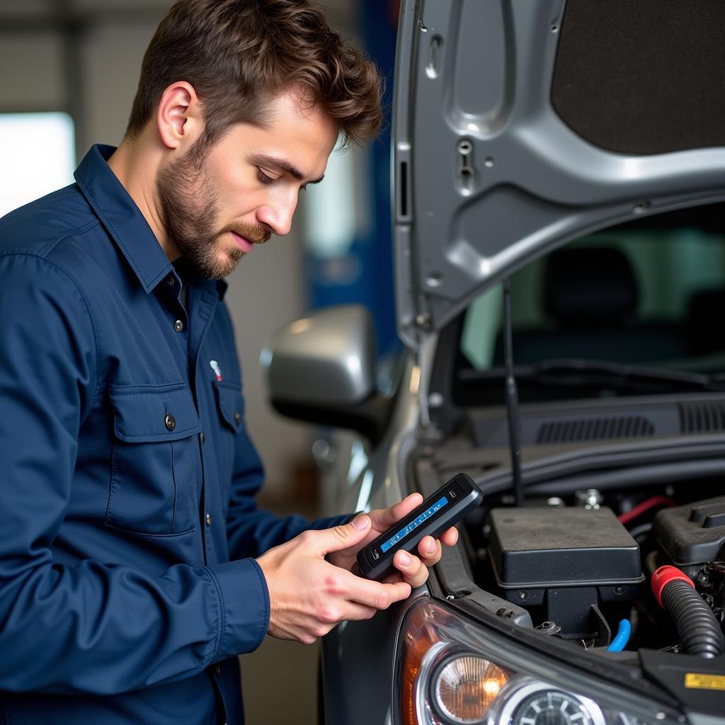 Mechanic Using OBD2 Scanner for Car Diagnostics