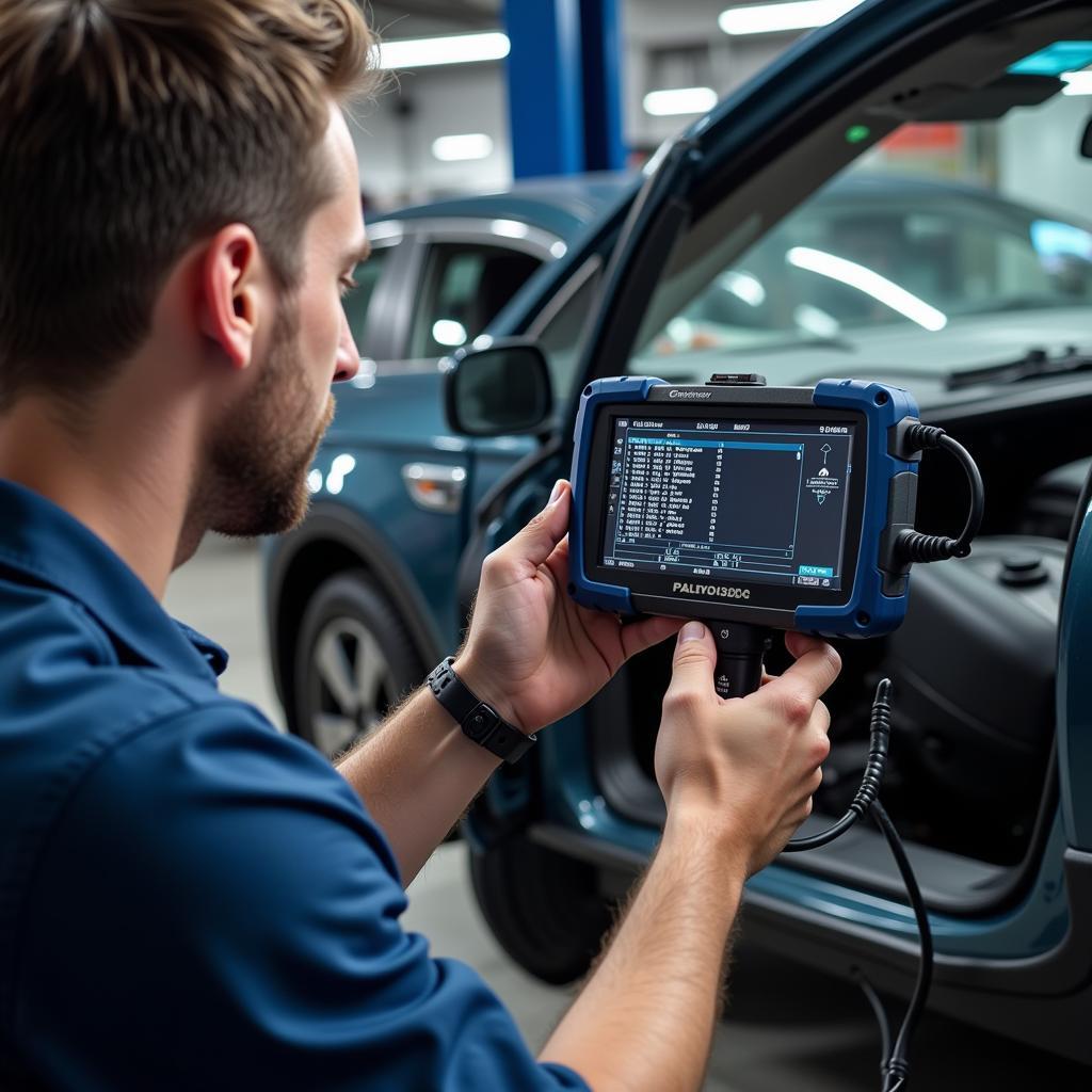 Mechanic Using OBD2 Scanner in Garage