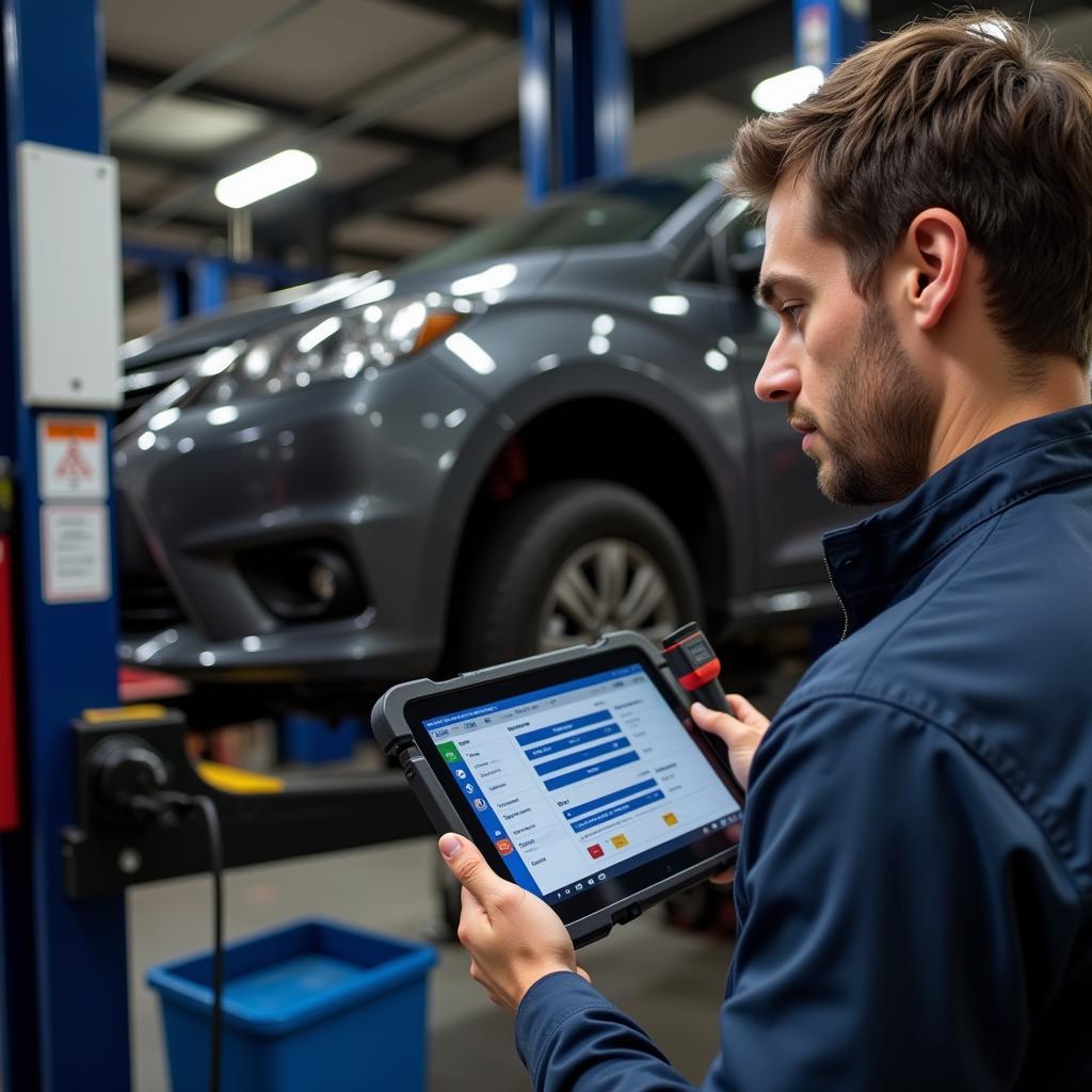 Mechanic Using OBD2 Scanner in a Garage