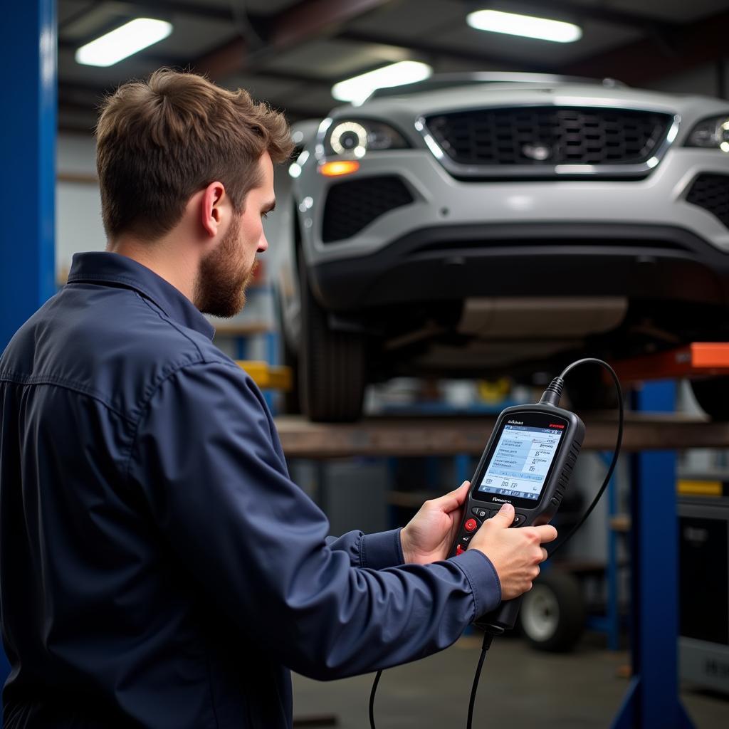 Mechanic Using OBD2 Scanner in a Garage