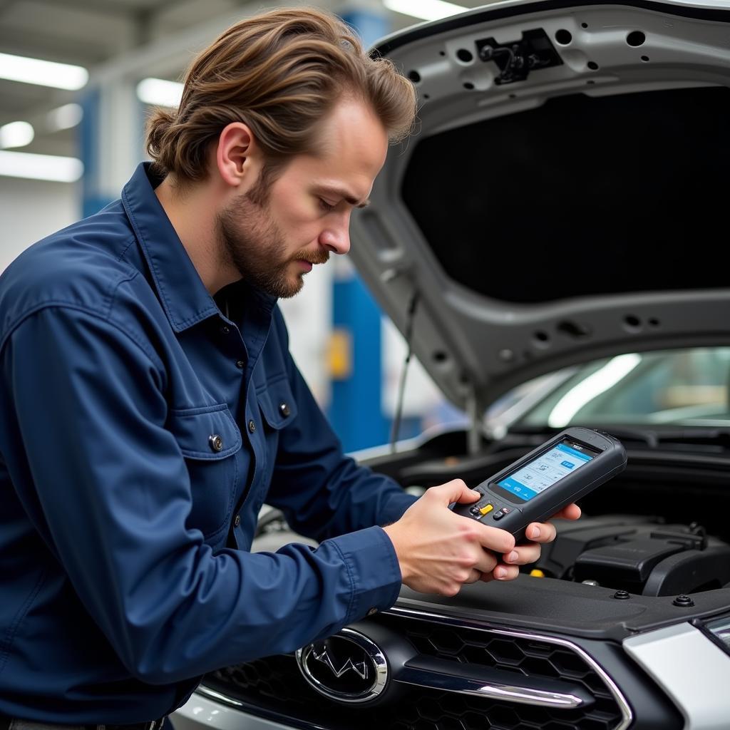 Mechanic Using OBD2 Scanner in Workshop