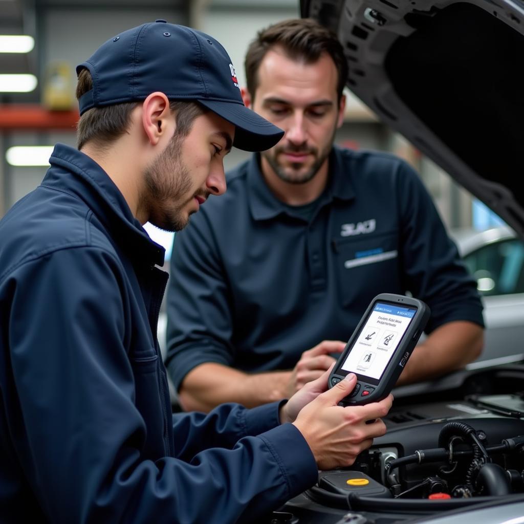 Mechanic Using OBD2 Scanner in Workshop