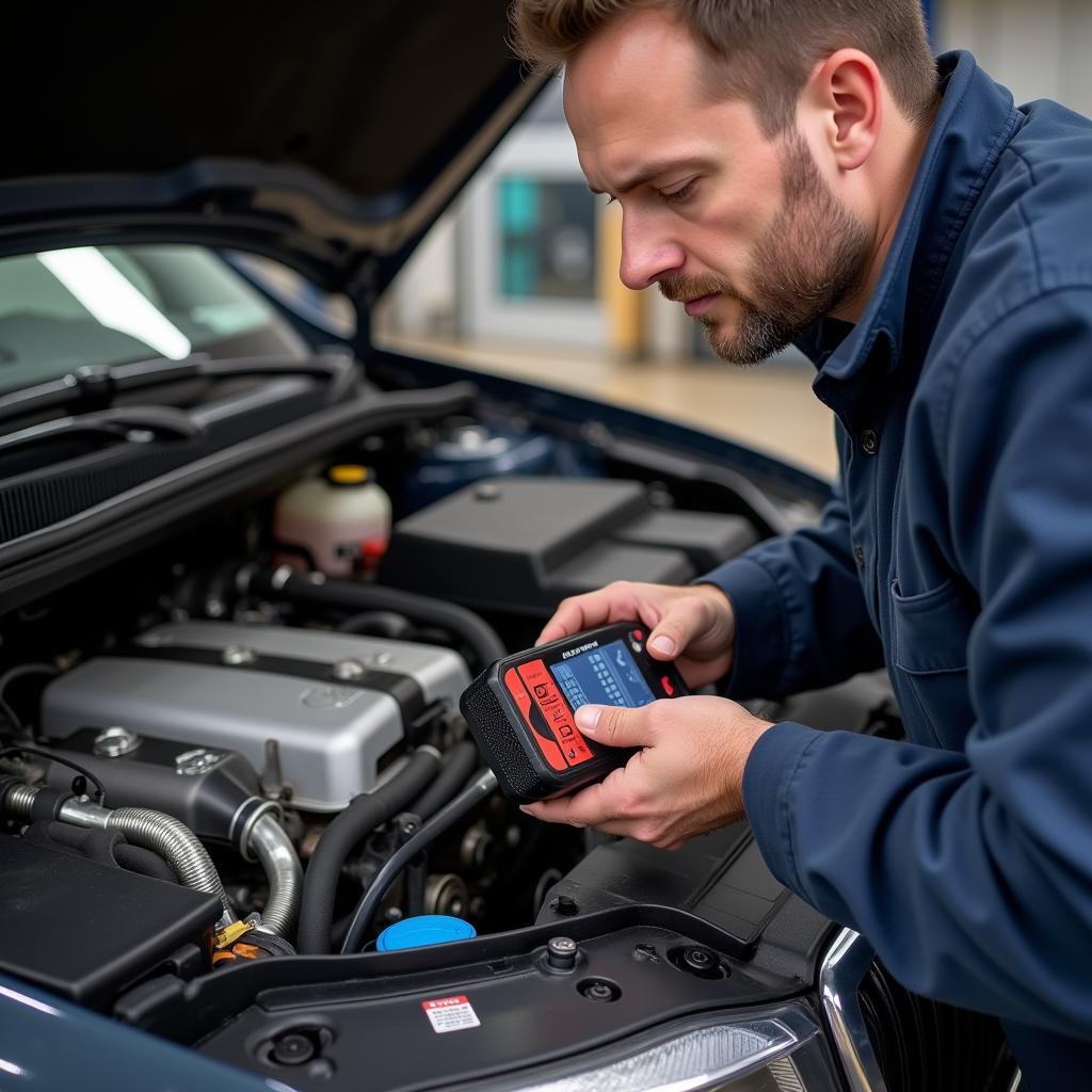 Mechanic using an OBD2 scanner on a car to diagnose a problem.