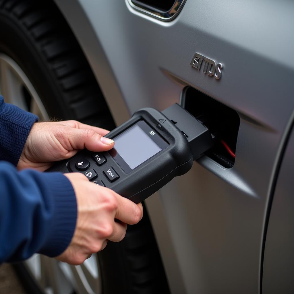 Mechanic Using OBD2 Scanner on Car