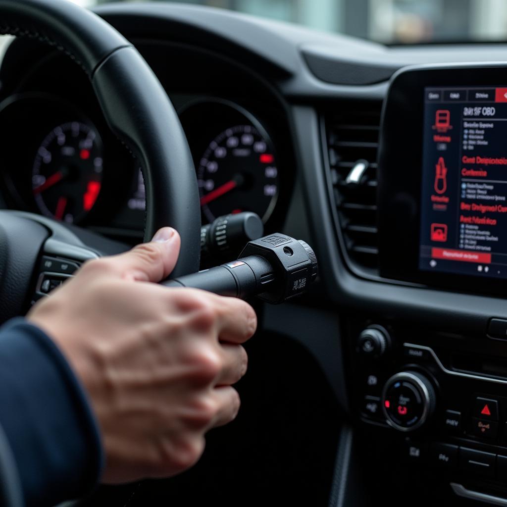 Mechanic using OBD2 scanner on a car