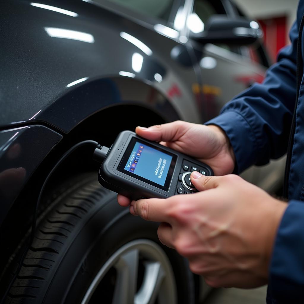 Mechanic Using OBD2 Scanner on Car in Garage