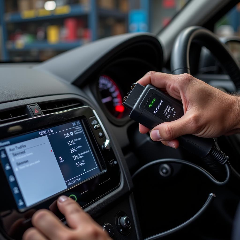 Mechanic Using OBD2 Scanner On Car