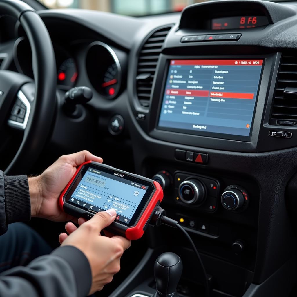 Mechanic Using OBD2 Scanner on Car