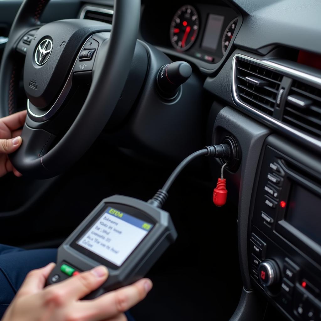 Mechanic using an OBD2 scanner on an import car