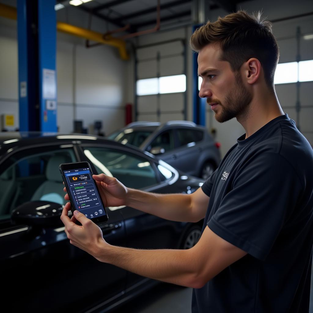 Mechanic Diagnosing Car with OBD2 Scanner and Smartphone