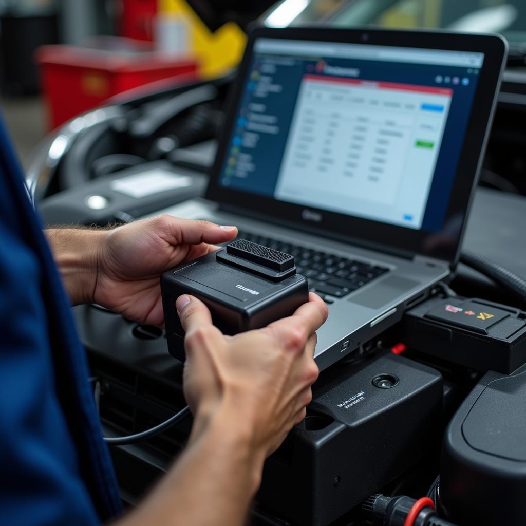 A mechanic using an OBD2 scanner connected to a laptop running car diagnostic software