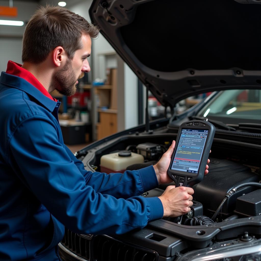 Mechanic Using OBD2 Scanner in Workshop