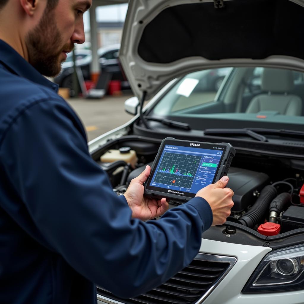 Mechanic Using OPCOM Tool for Car Diagnostics