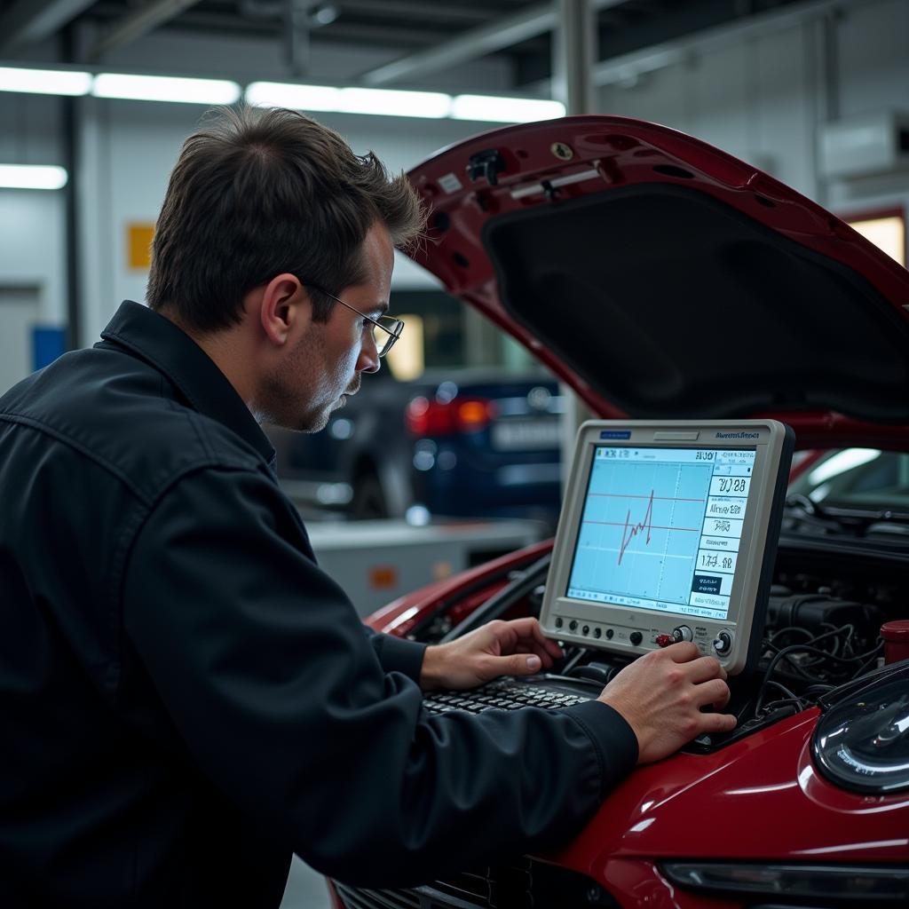 Mechanic Using Oscilloscope in Garage