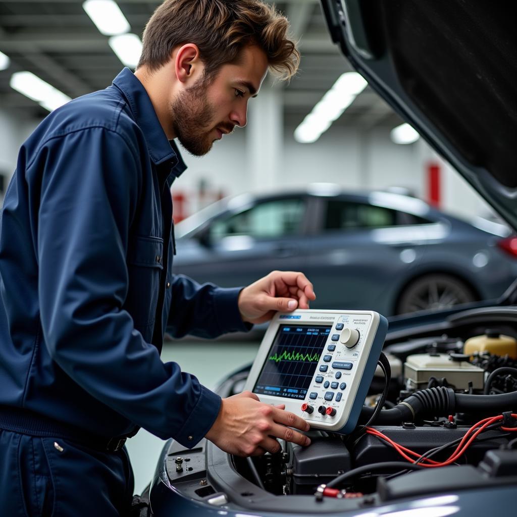 Mechanic Utilizing Oscilloscope for Car Diagnosis