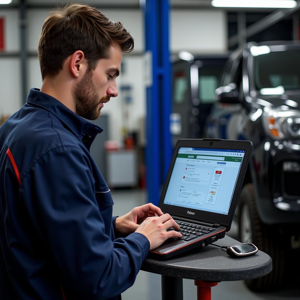 Mechanic Using Palmer Car Diagnostic Software on a Vehicle