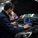 Mechanic Using PC Based Diagnostics in Workshop