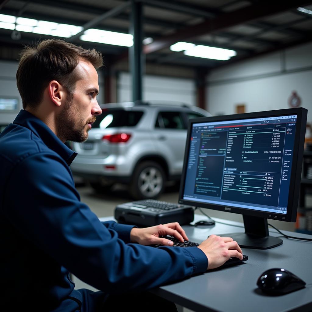 Mechanic Diagnosing a Car Using PC Software