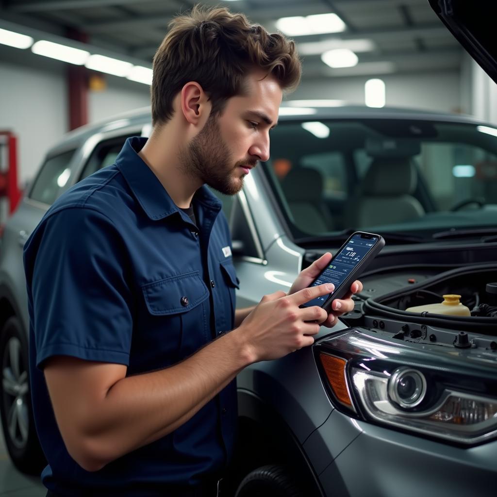 Mechanic Using Phone Diagnostic App