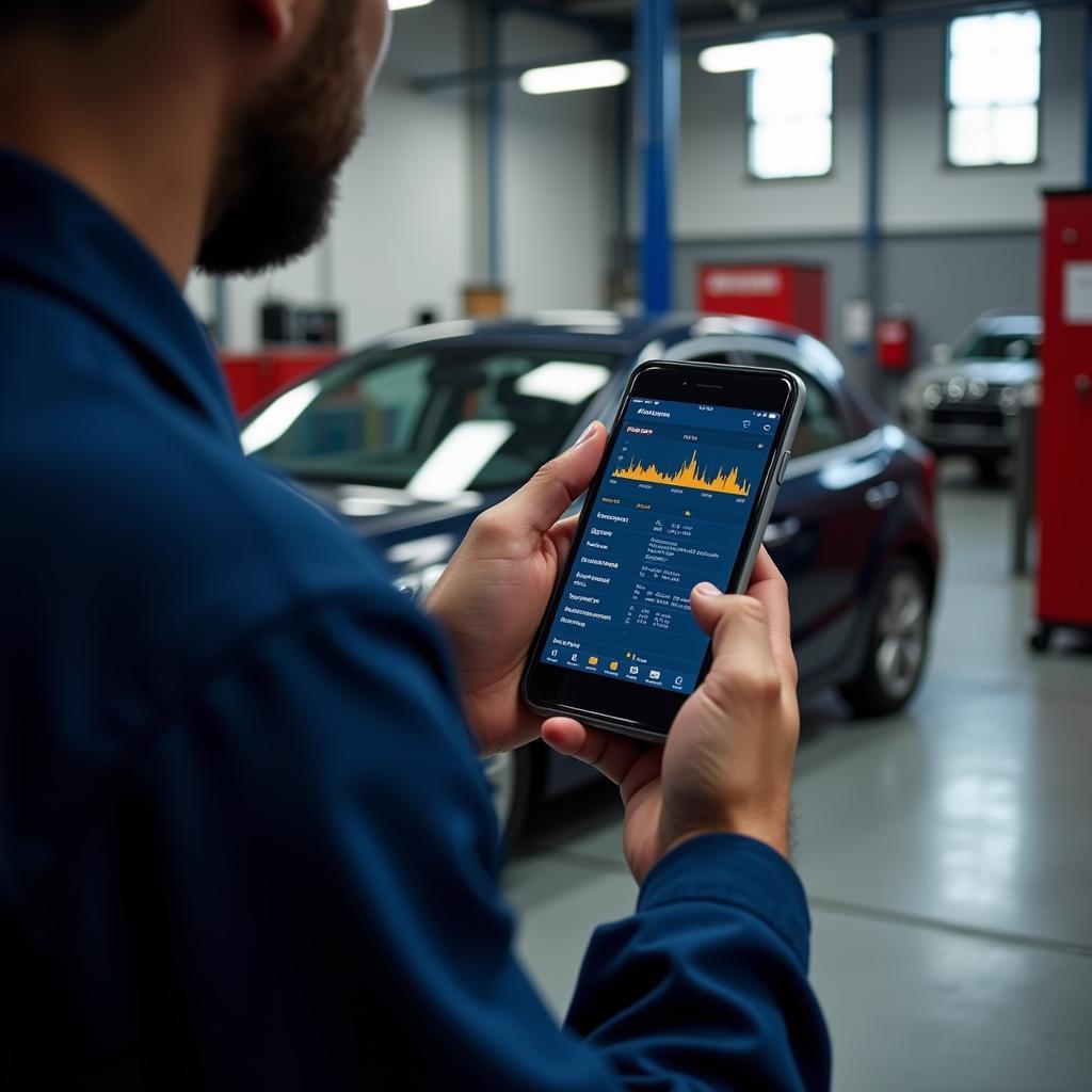 Mechanic Using Phone for Car Diagnostics