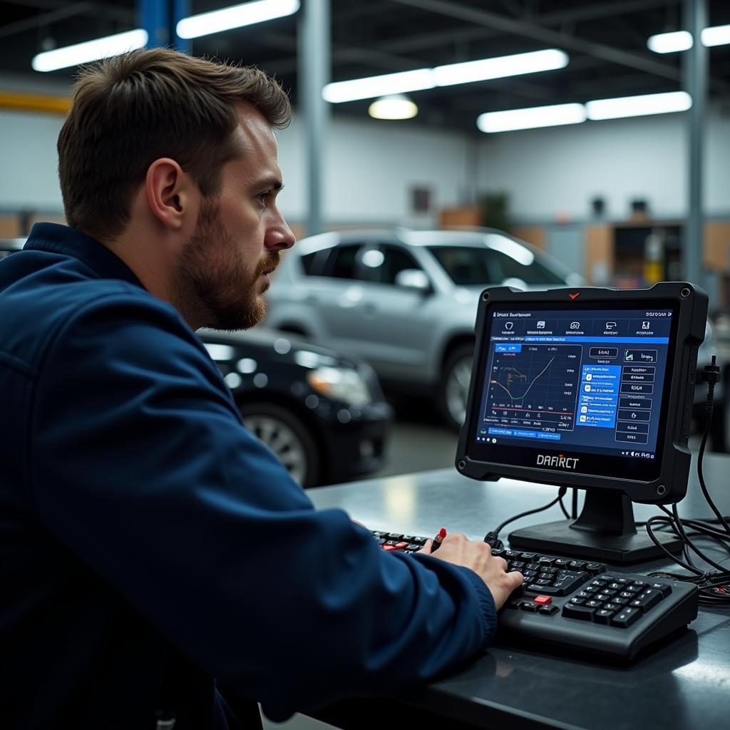 A mechanic in a workshop using a professional car air con diagnostic system